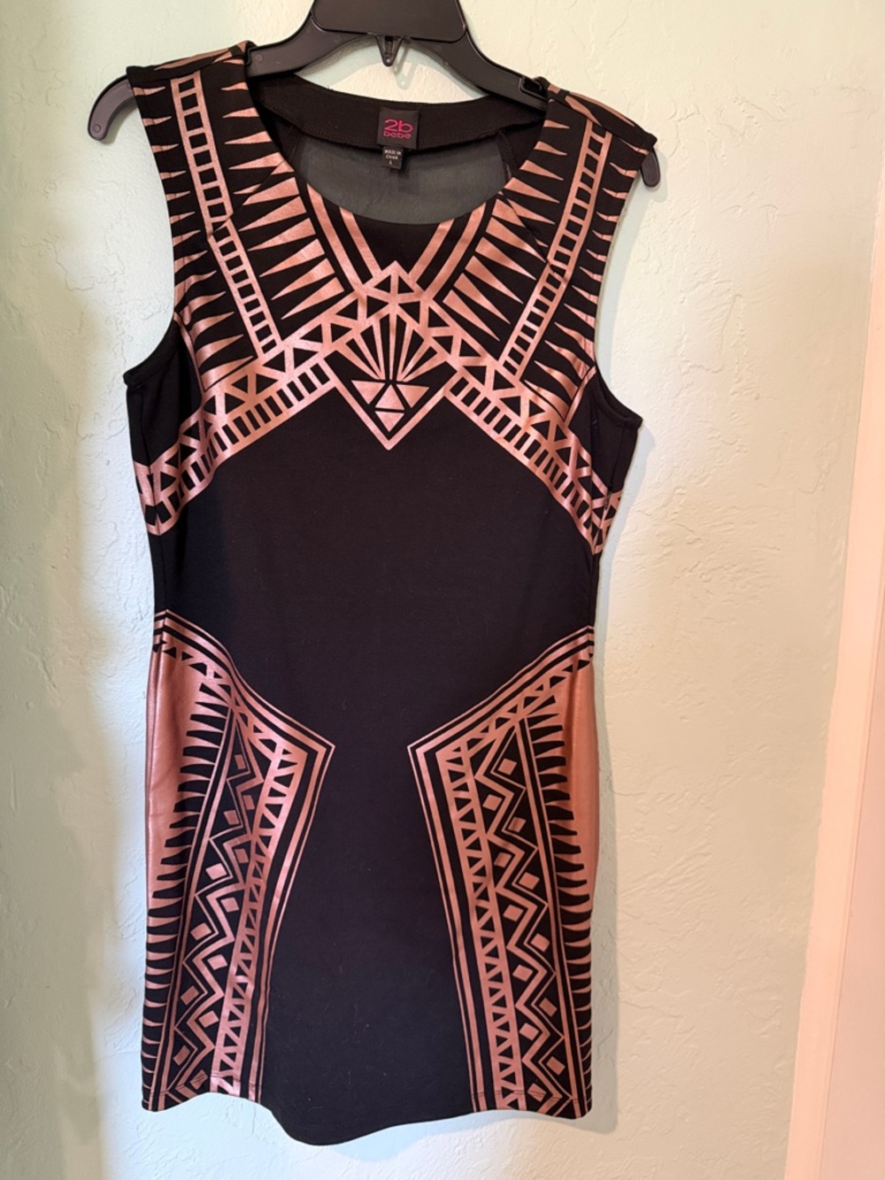 2B Bebe Black Mini Dress with Rose Gold Geometric Print